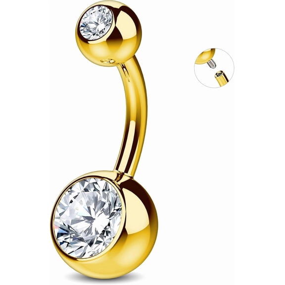 14K Gold Plated G23 Titanium Belly Button Rings Internally Threaded with Grade AAAAA Cubic Zirconia - Gold Plated Belly Button Rings - 14g Navel Ring Piercing Jewelry Internal Thread For Women