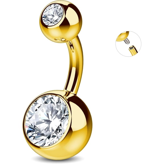 14K Gold Plated G23 Titanium Belly Button Rings Internally Threaded with Grade AAAAA Cubic Zirconia - Gold Plated Belly Button Rings - 14g Navel Ring Piercing Jewelry Internal Thread For Women