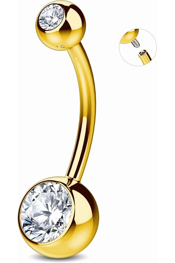 14K Gold Plated G23 Titanium Belly Button Rings Internally Threaded with Grade AAAAA Cubic Zirconia - Gold Plated Belly Button Rings - 14g Navel Ring Piercing Jewelry Internal Thread For Women