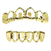 14K Gold Plated Grillz Set Diamond-Cut Four 4 Open Face Upper Top And Bottom Lower Teeth Hollow Hip Hop Grills