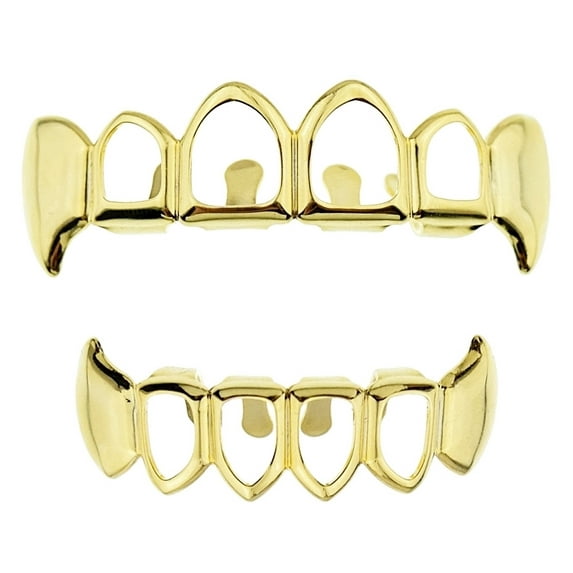 14K Gold Plated Grillz Set Fangs Upper Top And Bottom Lower 4 Four Open Face Fang Teeth Hip Hop Vampire Grills