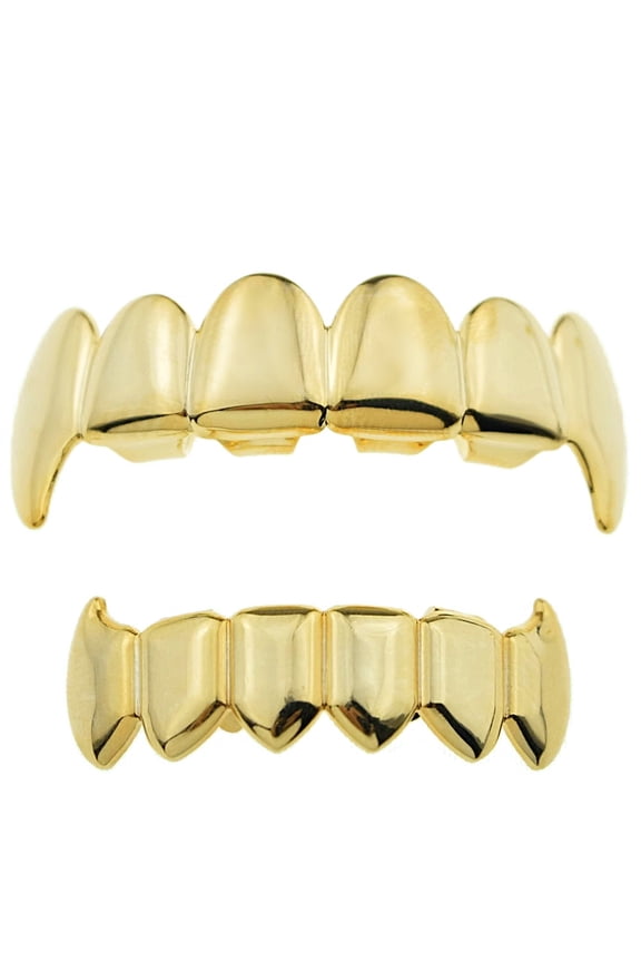 14K Gold Plated Grillz Set Full Fangs Upper Top And Bottom Lower Vampire Teeth Fangs Hip Hop Grills