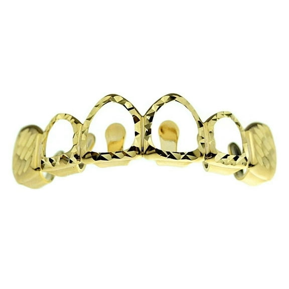 14K Gold Plated Grillz Upper Top Teeth Diamond-Cut 4 Four Open Face Hip Hop Grills