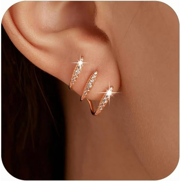 14K Gold Plated Half Hoop Earrings Trendy Sterling Silver Claw Earrings Dainty CZ Wrap Cuff Earrings Triple Piercings Illusion Stud Earrings Jewelry Birthday Christmas Gifts for Her Mom