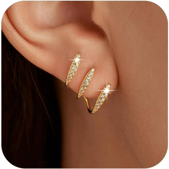 14K Gold Plated Half Hoop Earrings Trendy Sterling Silver Claw Earrings Dainty CZ Wrap Cuff Earrings Triple Piercings Illusion Stud Earrings Jewelry Birthday Christmas Gifts for Her Mom
