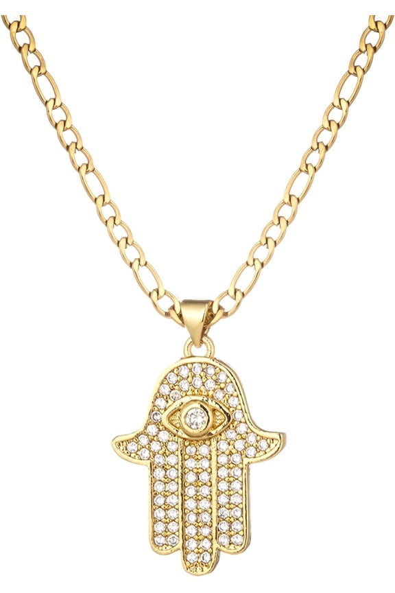 14K Gold Plated Hamsa Hand Pendant Necklace for Women Men Teens, 3mm Wide Stainless Steel Flat Figaro Chain Necklace[d532]