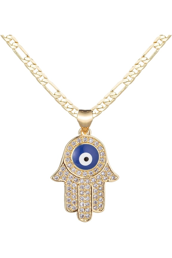 14K Gold Plated Hamsa Hand Pendant Necklace for Women Men Teens, 3mm Wide Stainless Steel Flat Figaro Chain Necklace[p688]