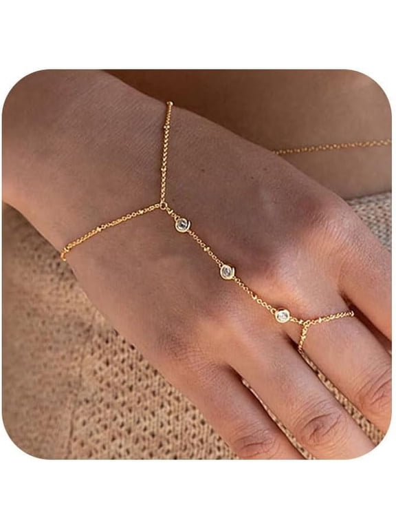 14K Gold Plated Hand Chain Bracelet with Ring, Adjustable Rhinestone Stackable Jewelry