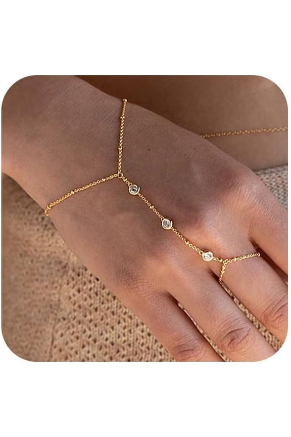 14K Gold Plated Hand Chain Bracelet with Ring, Adjustable Rhinestone Stackable Jewelry