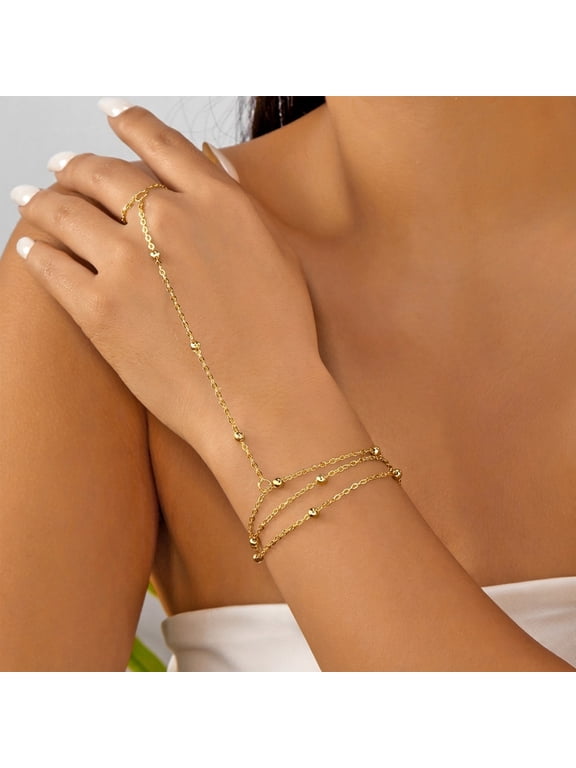 14K Gold Plated Hand Chain Bracelets for Women Set - Dainty Finger Ring Bracelet Stack Adjustable Hand Chains Durable Beaded Bracelets Trendy Simple Body Jewelry Gift for Women