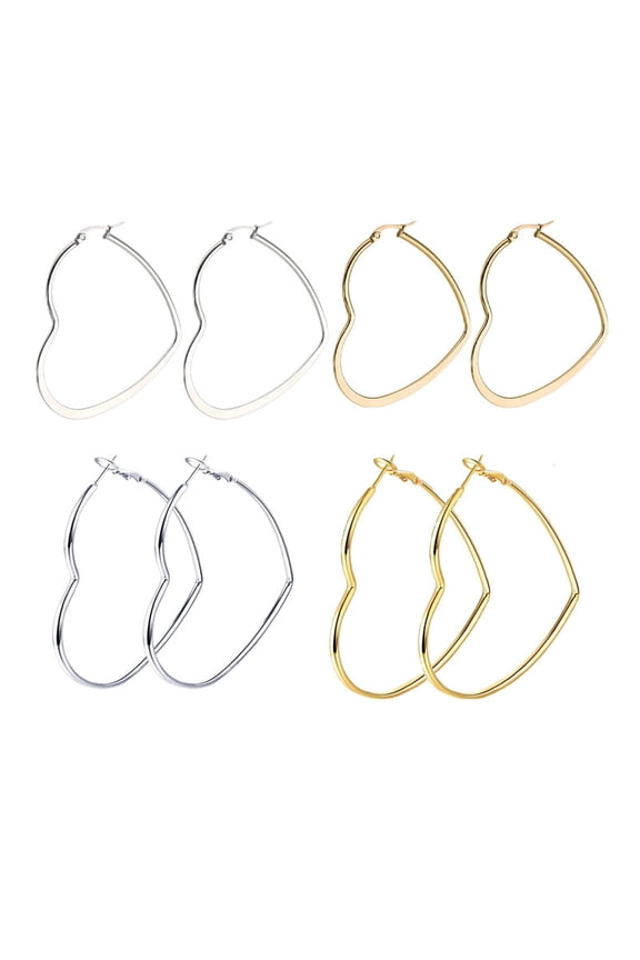 14K Gold Plated Heart Hoop Earrings for Women, Lightweight 50mm Heart Shape Hoops, Hypoallergenic Daily Wear Jewelry(4Pairs)