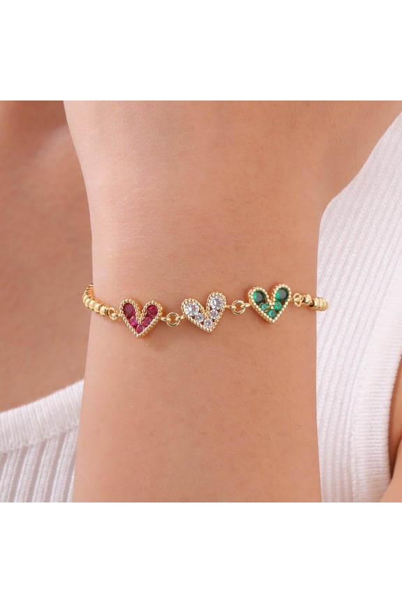 14K Gold Plated Heart Link Chain Bracelets for Women, Adjustable Cubic Zirconia Heart Charm Beaded Bracelets, Copper Chain Bracelet & Bangle Jewelry Gifts
