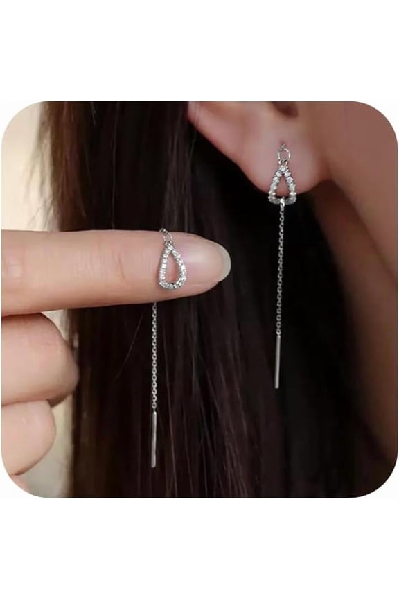 14K Gold Plated Heart Threader Earring CZ Teardrop Chain Dangle Tassel Earrings for Women 925 Sterling Silver Drop Dangly Minimalist Long Tassels Chain Love Ear Studs Wedding Jewelry Gifts (Silver)