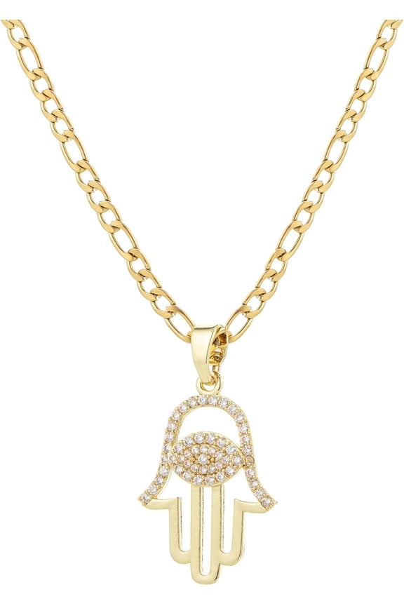 14K Gold Plated Hollowed Hamsa Hand Evil Eye Pendant Necklace for Women Stainless Steel Flat Figaro Chain Necklace[q291]