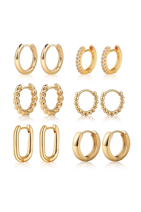 14K Gold Plated Hoop Earrings Set for Women, 6 Pairs Hypoallergenic Chunky Huggie Earrings Jewelry Gift, Twisted, Beaded, Thick Small Gold Hoops