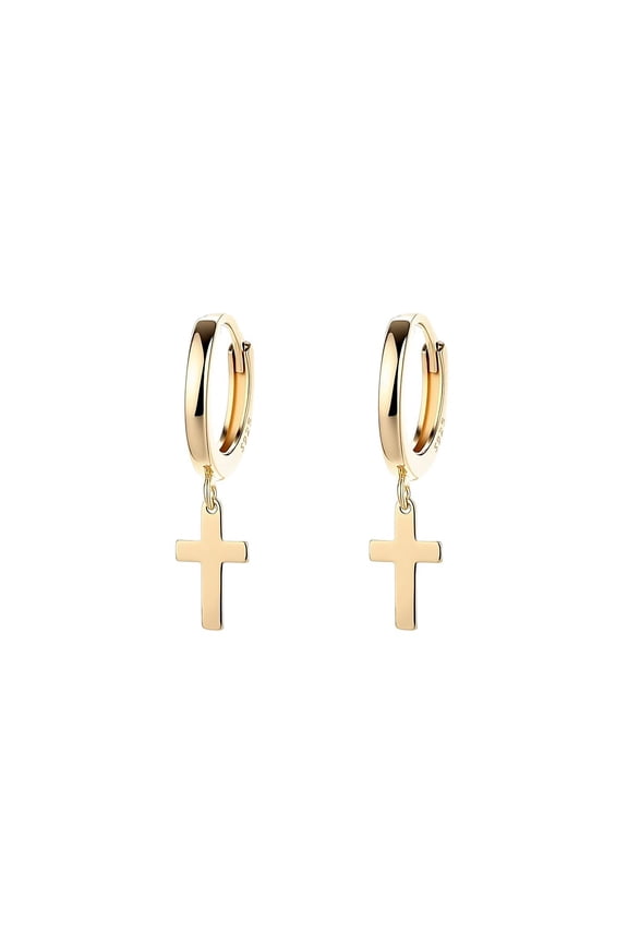 14K Gold Plated Huggie Hoop Cross Drop and Dangle Earring