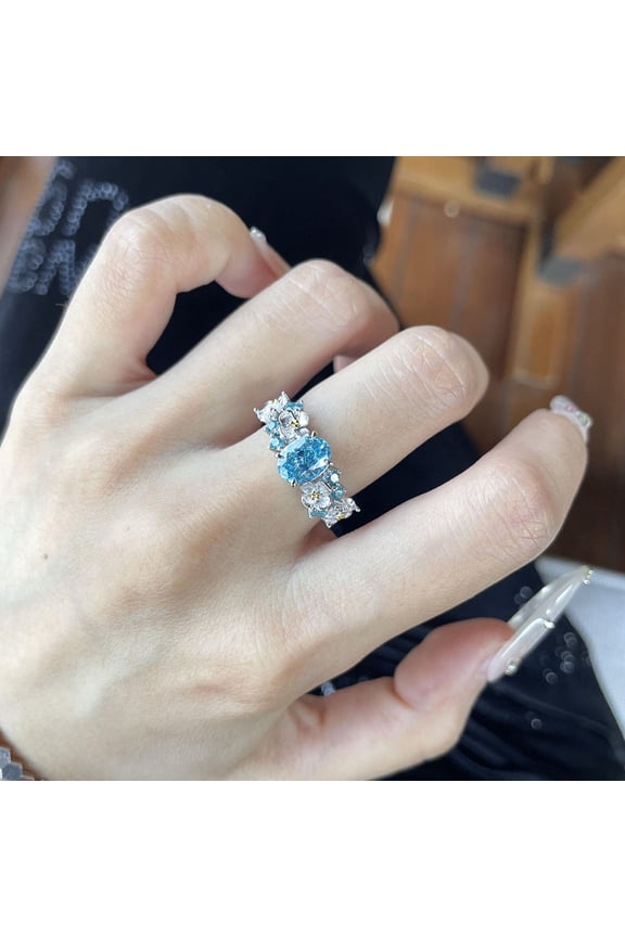 14K Gold Plated Hydrangea Fairy Ring with 7*9mm Aqua Sapphire