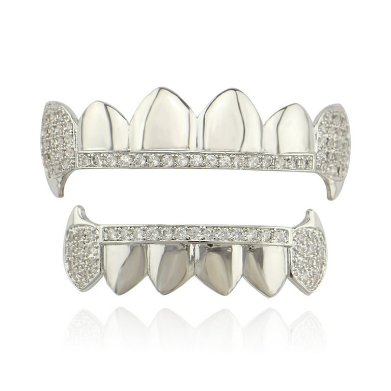 Heldig 14K Gold Plated Iced Out CZ Top and Bottom Vampire Fangs Grillz for Your Teeth Hip HopB