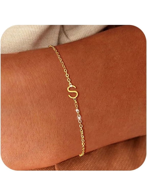 14K Gold Plated Initial Charm Bracelet for Women, Dainty Letter Bracelet with Cubic Zirconia, Adjustable Monogram Jewelry Gift-s-
