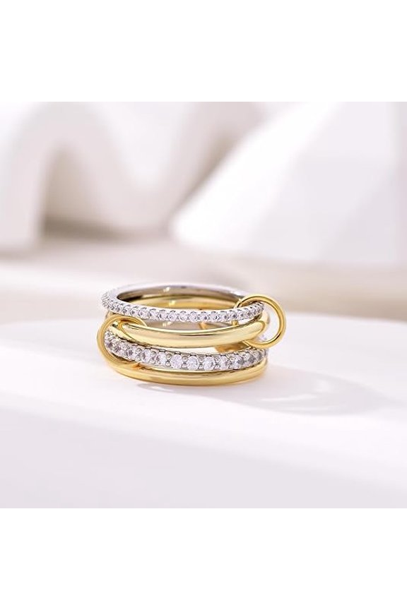 14K Gold Plated Interlocked Stackable Rings for Women Non Tarnish,Gold and Silver Cubic Zirconia Statement Rings Set,Mixed Metals Ring Two-Toned Connected Bands Stacking Jewelry