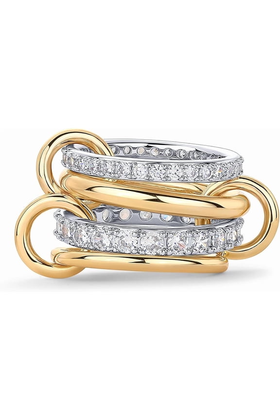 14K Gold Plated Interlocked Stackable Rings for Women | Statement Multi Ring Mixed Metals Stack | Cubic Zirconia Two-Toned Stacking Jewelry