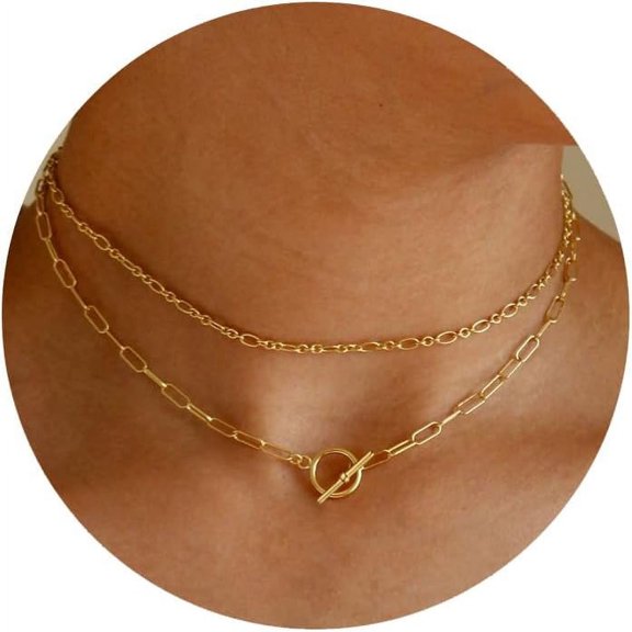 14K Gold Plated Layered Necklaces for Women, Stackable Paperclip and Cuban Link Chain Set with Toggle Clasp, 16.5 and 18 Inch-paperclipfigaro-