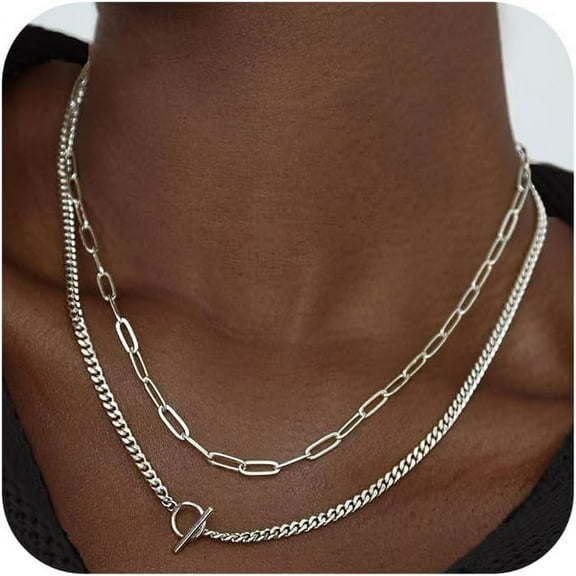 14K Gold Plated Layered Necklaces for Women, Stackable Paperclip and Cuban Link Chain Set with Toggle Clasp, 16.5 and 18 Inch-papercliptoggle-