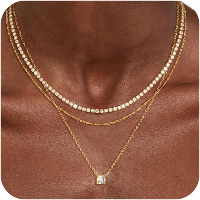 14K Gold Plated Layered Necklaces for Womens Trendy,Dainty Tennis ...