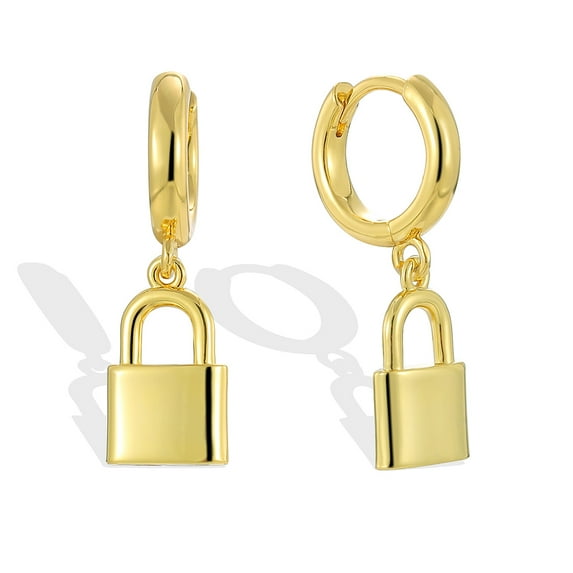 14K Gold Plated Lock Drop Earrings, Suitable for Women's Polished Brushed Drop Earrings