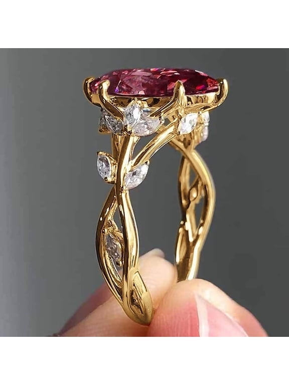 14K Gold Plated Marquise Cut Engagement Ring for Women, Vintage Floral Twisted Band Promise Ring, 3CT Ruby/White CZ Solitaire Ring, Bridal Wedding Jewelry Gift for Her (Gold,Size 9)