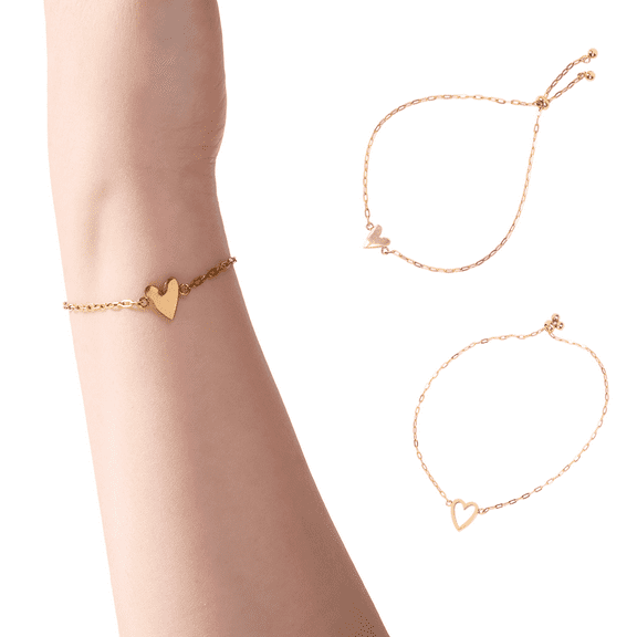 14K Gold Plated Matching Heart Charms Solitaire Bracelet Set for Women | Adjustable Love Friendship Two Bracelet Pack