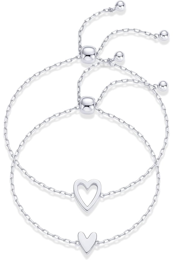 14K Gold Plated Matching Heart Charms Solitaire Bracelet Set for Women | Adjustable Love Friendship Two Bracelet Pack