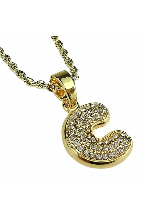 14K Gold Plated Micro Letter C Necklace 24" Block Initial Bling Pendant Monogram Name Rope Chain