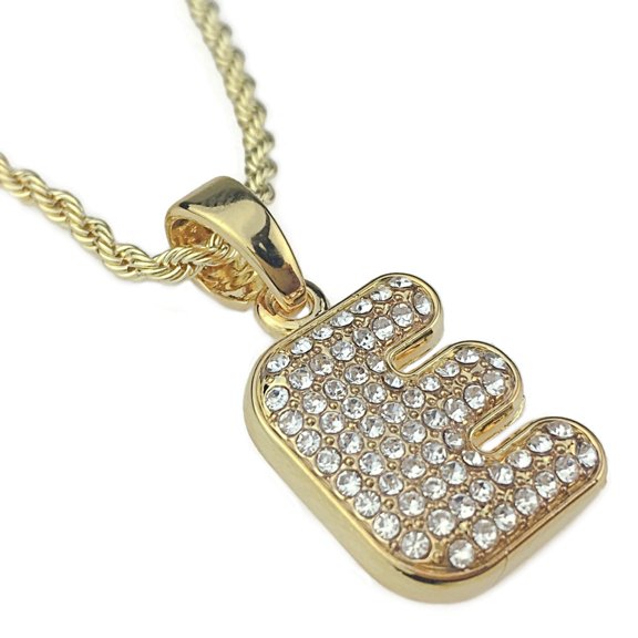14K Gold Plated Micro Letter E Rope Chain Initial Pendant Monogram Hip Hop Necklace 24"