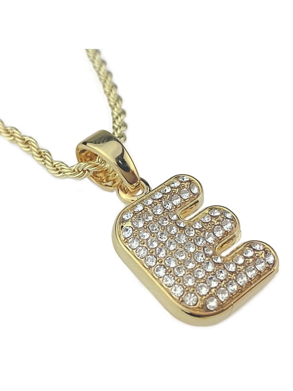 14K Gold Plated Micro Letter E Rope Chain Initial Pendant Monogram Hip Hop Necklace 24"
