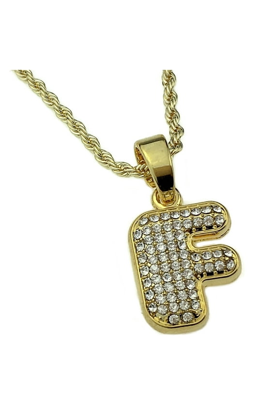 14K Gold Plated Micro Letter F Necklace 24" Inch Block Initial Bling Pendant Monogram Name Rope Chain