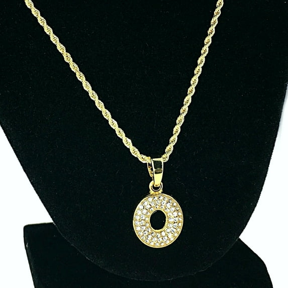 14K Gold Plated Micro Letter O Rope Chain Iced Initial Pendant Necklace 24" Inch