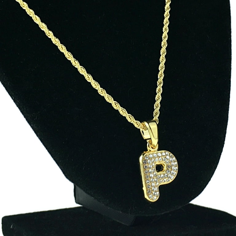 14K Gold Plated Micro Letter P Rope Chain Iced Initial Pendant