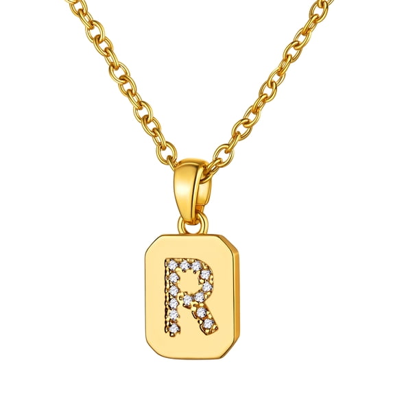 14K Gold Plated Necklace for Women Square Cubic Zirconia Initial R Necklaces for Her Valentine's Day Christmas Birthdady Gift