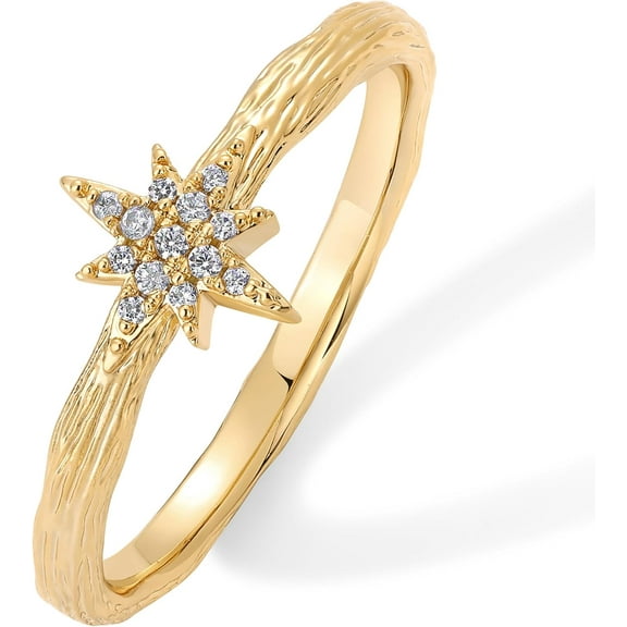 14K Gold Plated North Star Hammered Ring for Women | Dainty Celestial Stackable Cubic Zirconia Thin Band for Women