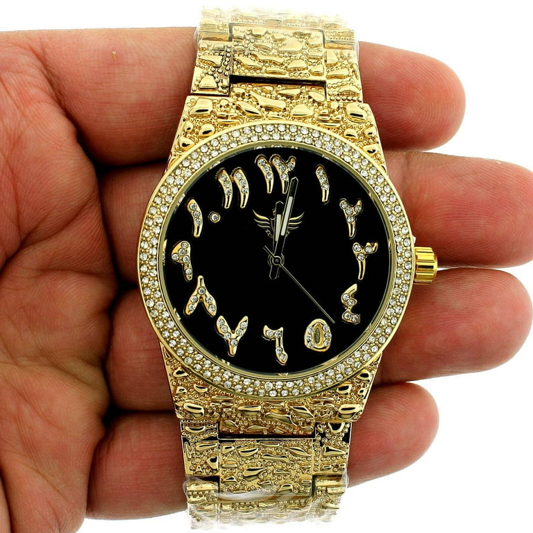 14K Gold Plated Nugget Watch Real Mens Iced CZ Hip Hop Black Arabic Dial Walmart