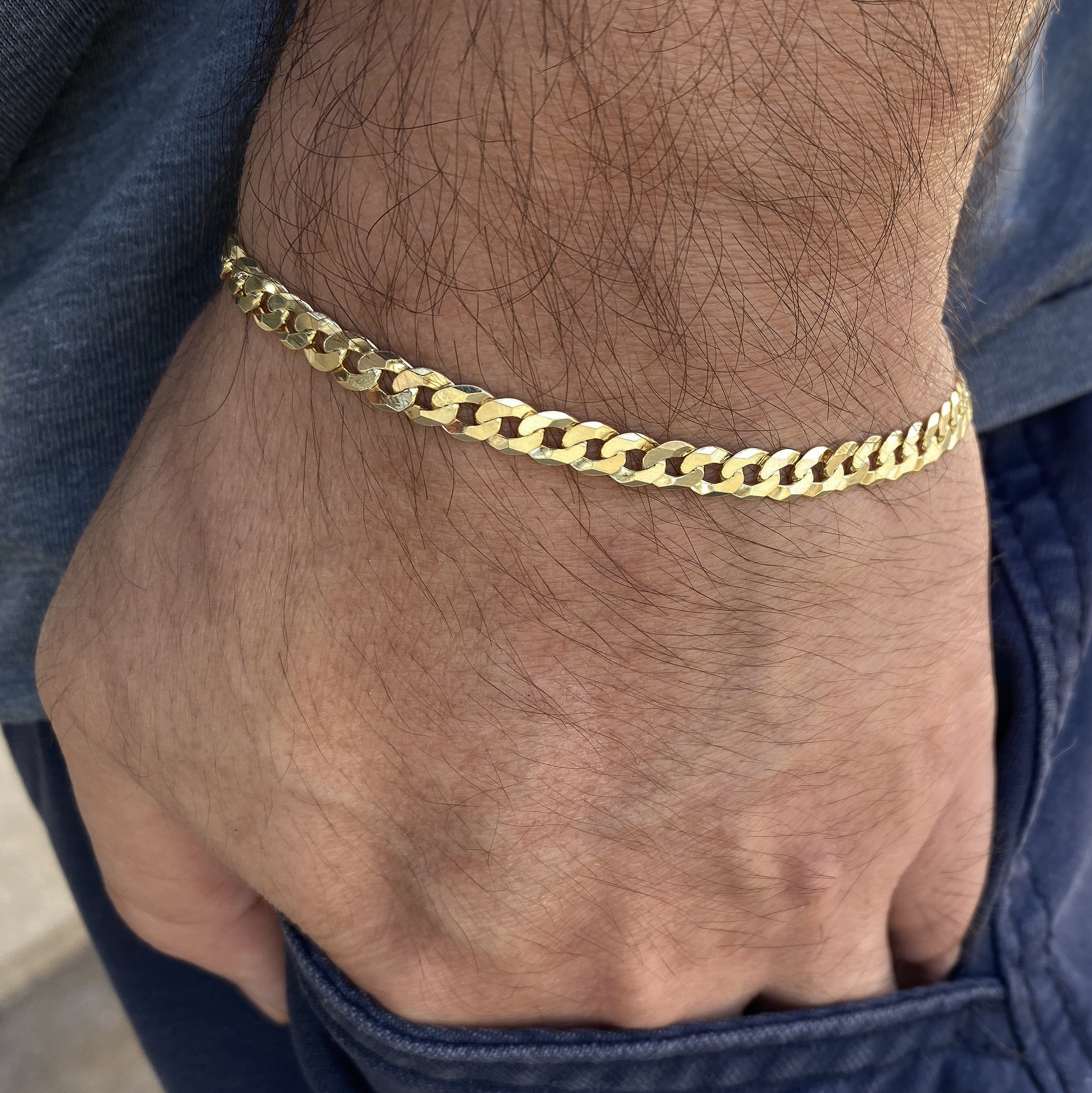 14K Gold Plated On Real Solid 925 Sterling Silver Bracelet Flat Cuban Link  8.5 Inch x 5MM Thick 