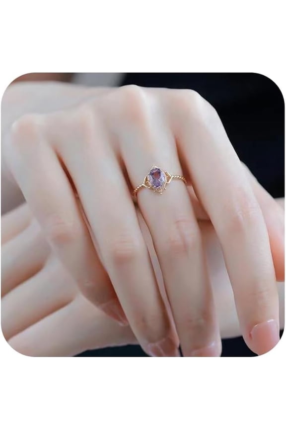 14K Gold Plated Oval Purple Gemstone Amethyst Simulated Diamond Topaz Birthstone Solitaire Engagement Halo Open Ring for Women Anniversary Wedding Promise Thin Rings Gift Comfort Fit Adjustable