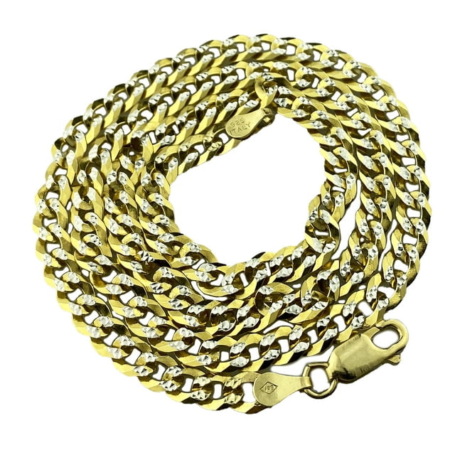 14K Gold Plated Over 925 Sterling Silver Two-Tone Diamond Cut Cuban Curb Chain 5MM Thick 18" Inch Choker Italy Necklace