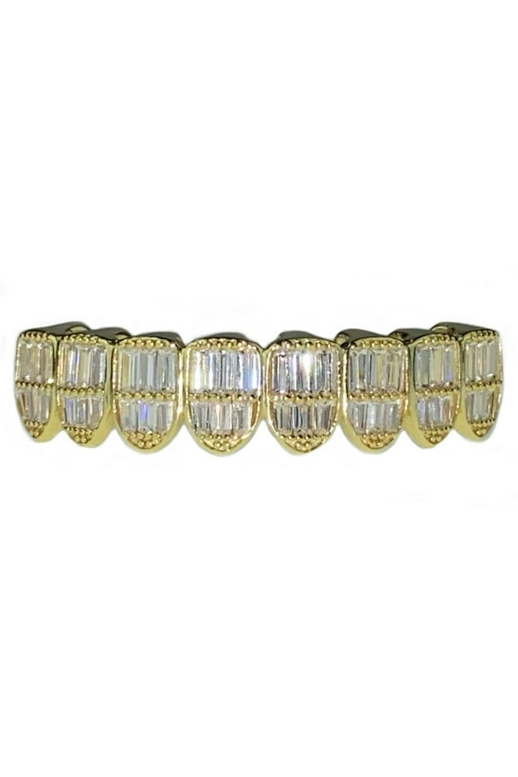 14K Gold Plated Over Real Solid 925 Sterling Silver Grillz Iced Baguettes Eight Bottom Teeth Grills 8 Tooth