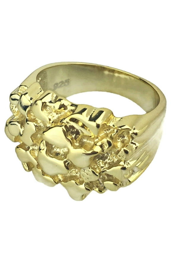 14K Gold Plated Over Solid 925 Sterling Silver Nugget Ring Heavy Hip Hop Men Size 11