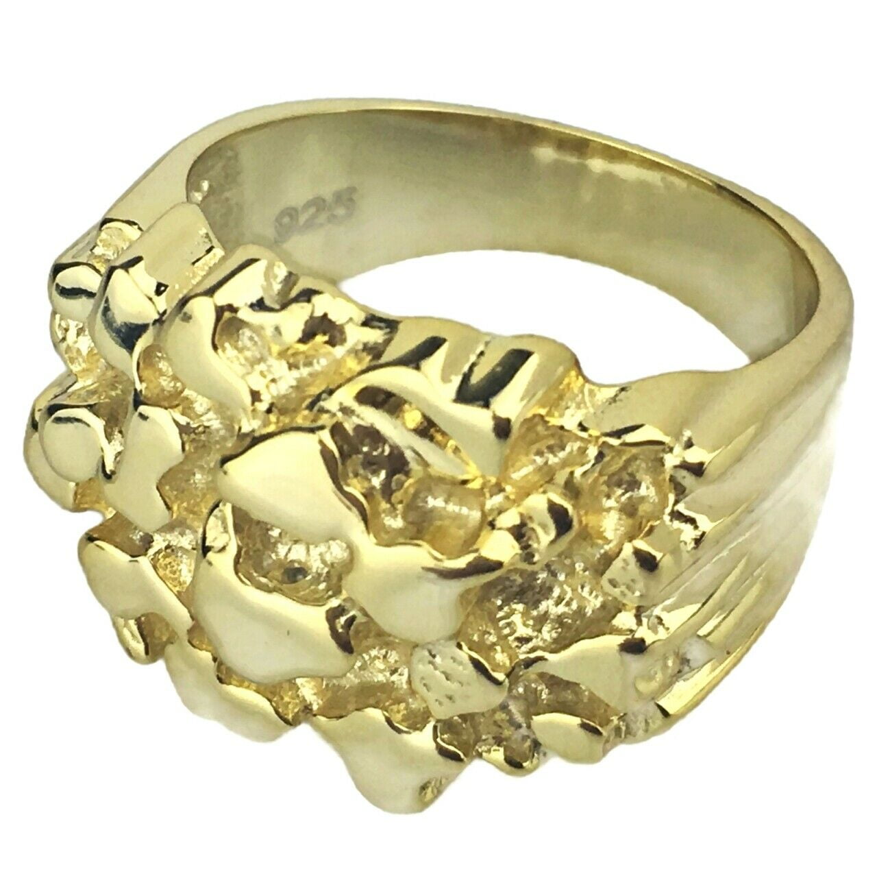 BLING CARTEL 14K Gold Plated Over Solid 925 Sterling Silver Nugget Ring Heavy Hip Hop Men Size 7