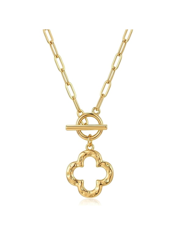 14K Gold Plated Paperclip Necklace for Women, Non-Tarnish Chunky Link Chain with Heart/Cross/Clover 3D Pendant, Adjustable Layered Statement Jewelry Gift