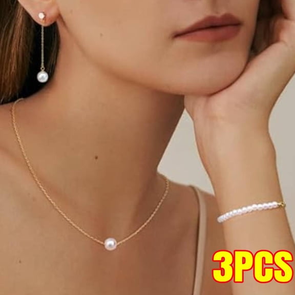 14K Gold Plated Pearl Necklace Set for Women - Adjustable Choker, Drop Earrings, Bracelet - Dainty Wedding Jewelry Gift