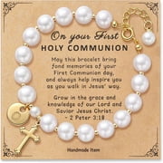 HISMART 14K Gold-Plated Personalized Initial First Holy Communion Bracelet with Pearl and Cross Charm A Catholic Gift for Goddaughter or Girl's Faith Celebration